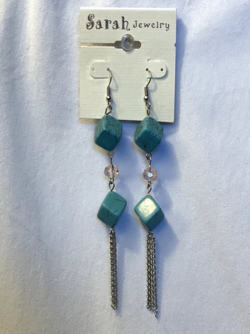 Faux Turquoise Double Cube Dangle Earrings Pink Bead Silver Tassel Chain Drop